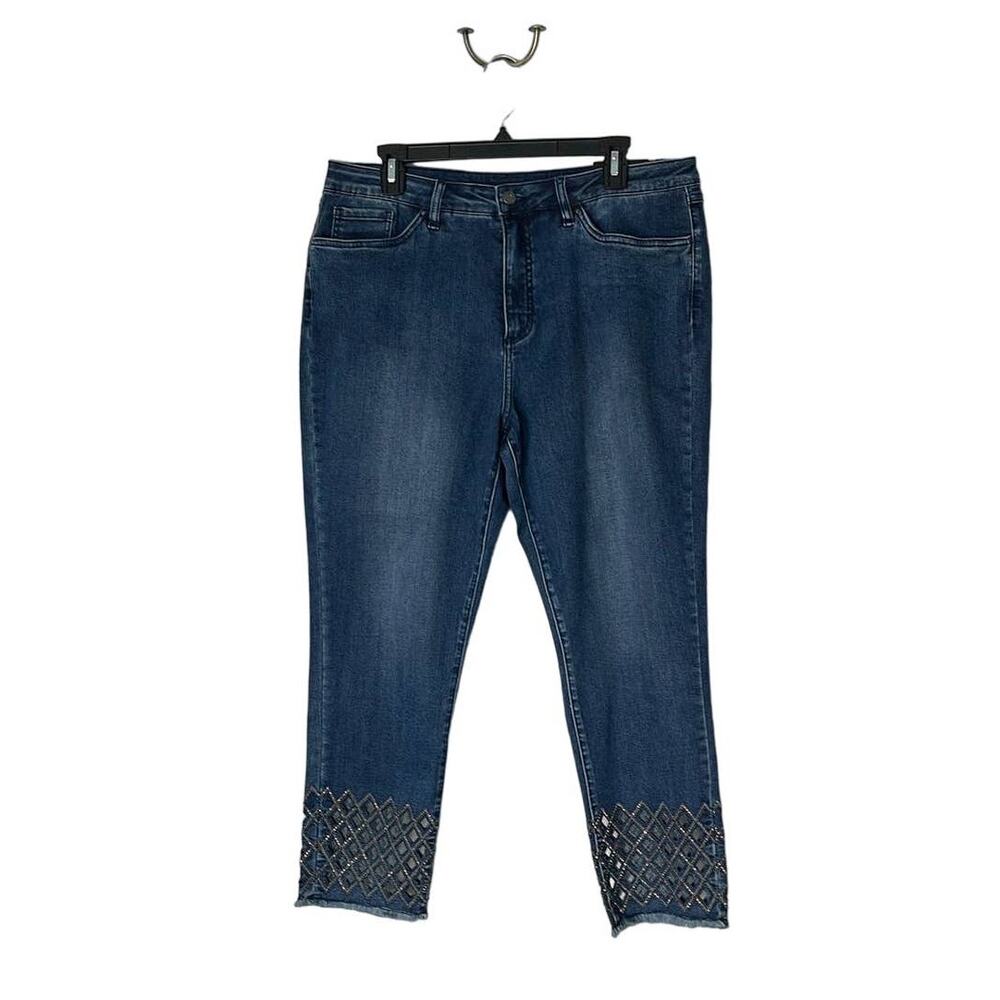 Joseph Ribkoff Slim Cut Cropped Jeans, Embellished Lower Leg NWT